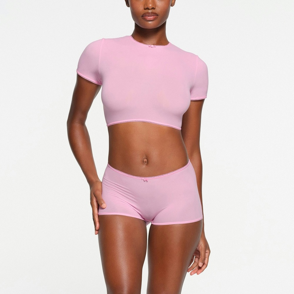 SKIMS Fits Everybody Picot Super Cropped T-Shirt Women’s Large Bubble Gum NWT